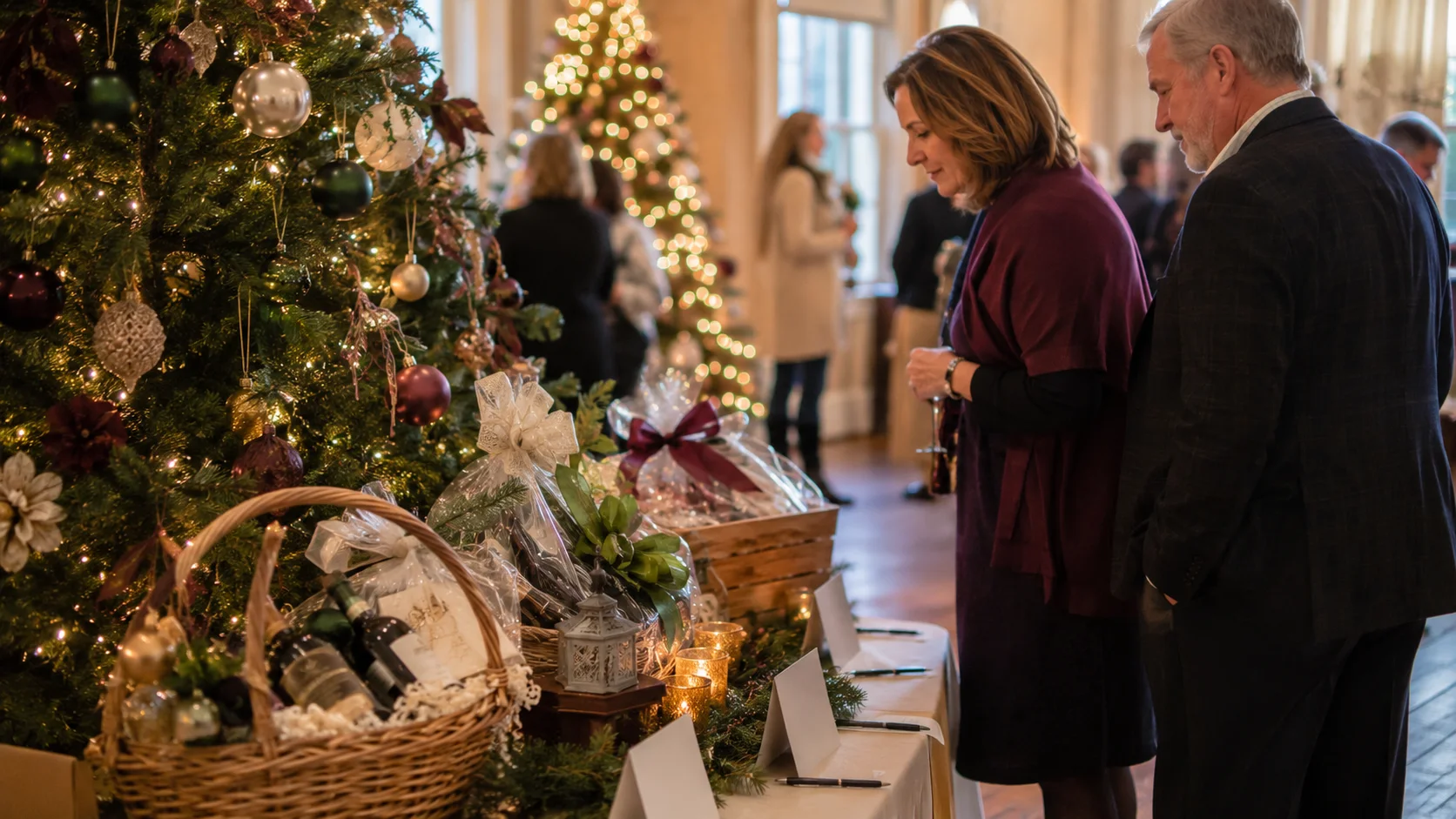 Guests browsing silent auction tables filled with themed gift baskets beside decorated Christmas trees
