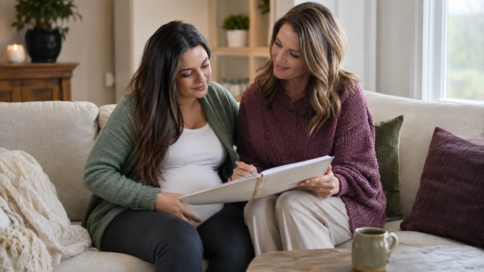A mentor sitting on a couch with an expecting mother, going through a workbook together